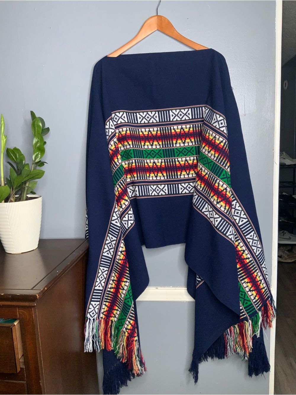 Navy Aztec-Pattern Fringe Poncho - Women's Accessory - Picture 2 of 11